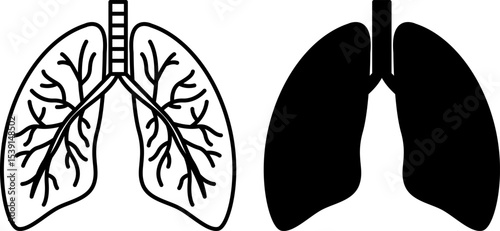 Lungs Icons. Black And White Vector Illustration. Paired Organs Of The Respiratory System Located In The Chest Cavity. Human Organs. Concept Anatomy