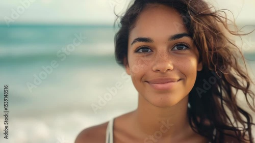 Wallpaper Mural Young woman with freckles, smiling and looking at the camera on a sandy beach near the ocean. Torontodigital.ca