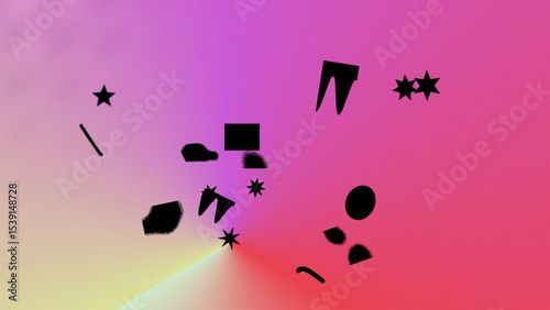 Abstract Composition of Black Shapes on a Gradient Pink and Yellow Background