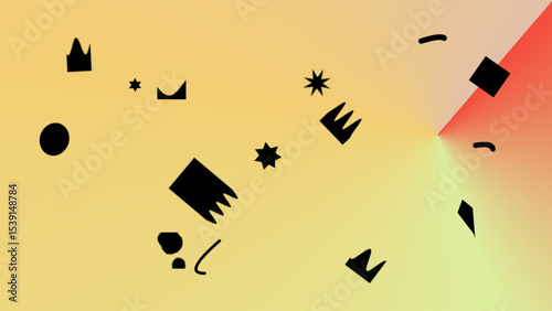 Abstract Geometric Composition with Gradient Background and Scattered Black Shapes