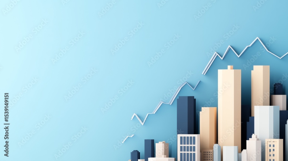 Fototapeta premium Urban Growth Blue Cityscape with Rising Graph, Real Estate , Business