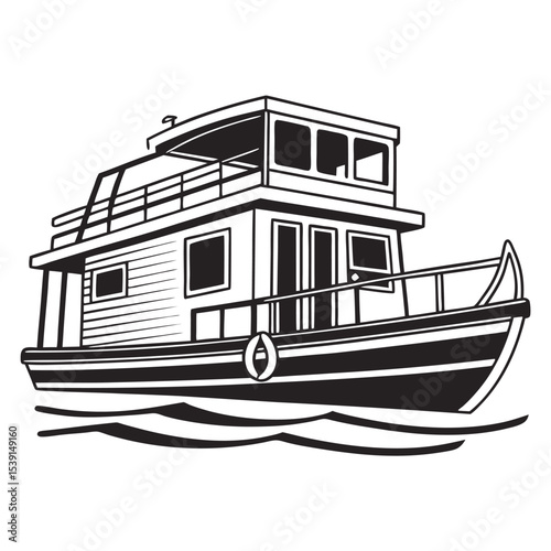Monochrome Boat Illustration Detailed Vessel Design Amidst Gentle Waves a Nautical Scene with Precision and Artistry Capturing Maritime Beauty
