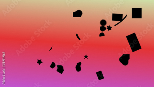 Abstract Gradient Background with Scattered Irregular Black Shapes and Stars