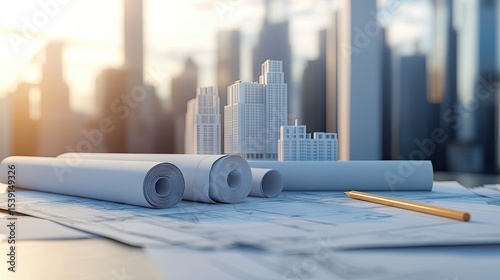 Architectural blueprints and model cityscapes lie on a desk.