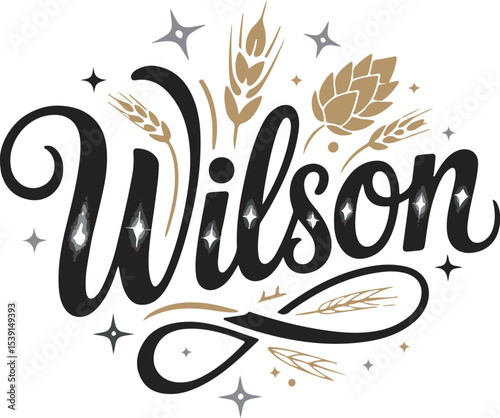 Black script lettering Wilson surrounded by wheat stalks hop cones and gray stars on white background