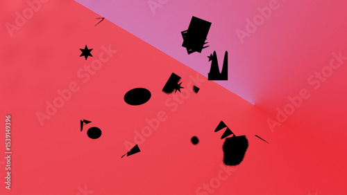Abstract Geometric Composition Black Shapes on Red and Pink Background