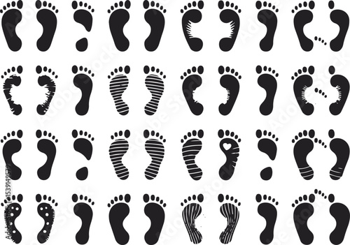 Collection of Diverse Black Footprints on White Background Various Styles and Patterns Included Simple to Detailed