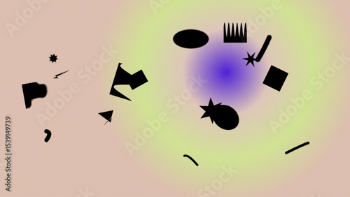 Abstract Composition of Black Shapes on a Pastel Gradient Background
