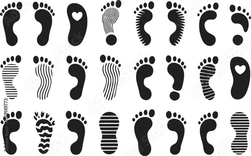 Collection of Twenty Four Black Footprints Various Styles and Patterns Including Striped Heart Shaped and Simple