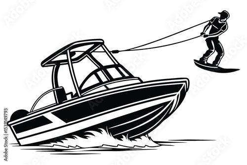Monochrome Illustration of Wakeboarding Behind a Boat Dynamic Watersport Scene Black and White Design Exhilarating Aquatic Adventure
