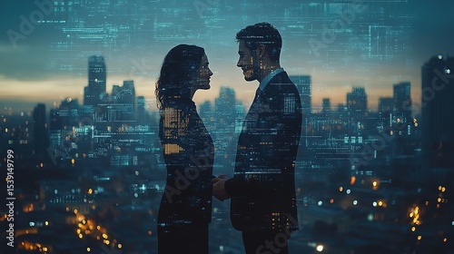 Two business people shaking hands in a suit, futuristic digital interface overlay, city skyscraper background, concept of partnership and innovation, business, couple, partnership, city, skyline 