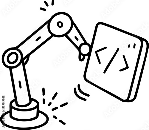 DevOps Development Concept. Robot arm interacting with a coding symbol.