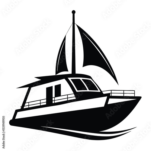 Sailing Yacht Boat Illustration Silhouette on White Background, a Maritime Vessel with a Tall Mast and Billowing Sails