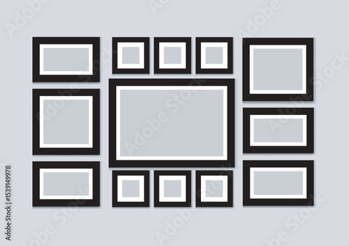  Modern Collage of Twelve Black Picture Frames with White Borders on Light Gray Background for Photo or Art Display