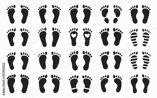 Collection of Twenty Four Black Footprints Various Styles Including Heart Shaped and Striped Designs on White Background