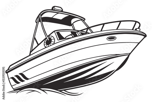 Monochrome Illustration of a Motorboat Gliding on Water Detailed Line Art of a Sleek Vessel in Motion