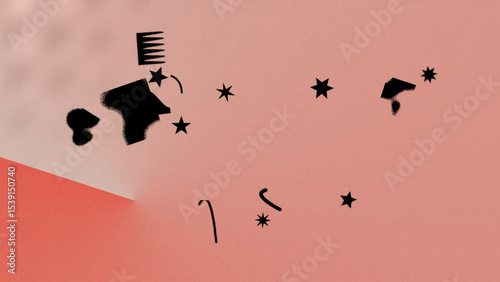 Abstract Pink and Coral Background with Scattered Black Shapes and Stars