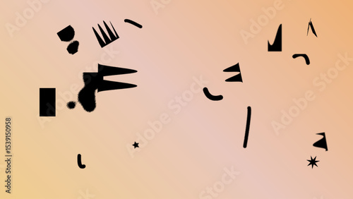 Abstract Peach Background with Scattered Black Geometric Shapes and Symbols