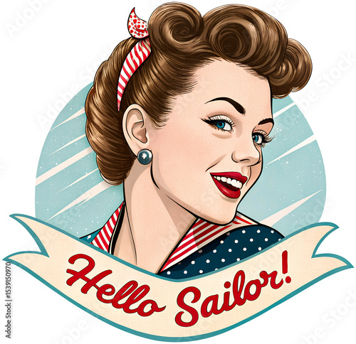 Hello Sailor Pin Up Hairstyle Wink Retro 50s Print Sticker