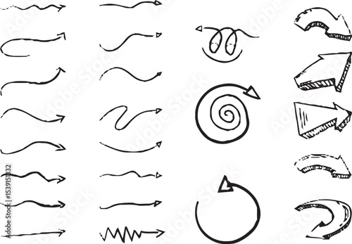 Hand-drawn arrow icon set. A collection of curved