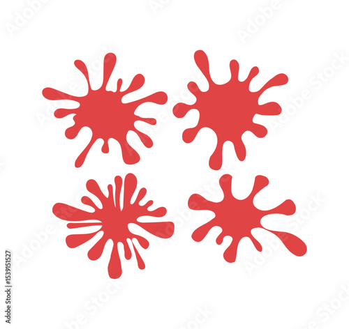 Four red splatter shapes arranged in grid. These vibrant, irregular shapes are ideal for adding visual interest to designs, creating textures, or as graphic elements.