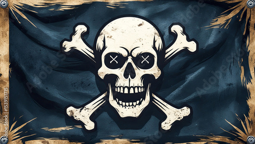 Black smiling skull with crossbones. Pirate jolly roger is symbol of mortal danger. Warning about intoxication and poisonous substances