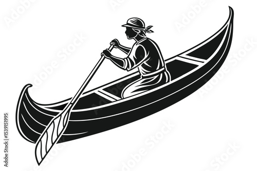 Monochrome Silhouette of Gondolier Rowing Traditional Venetian Boat The Gondola on White Background Artistic Depiction of Venice Icon