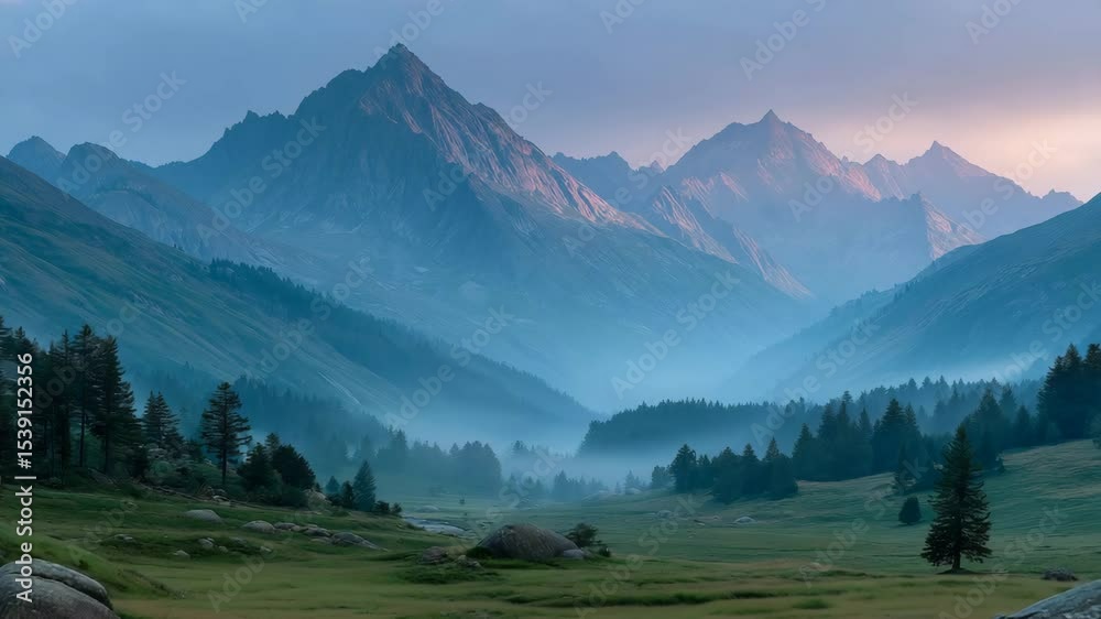 Peaceful Mountain Valley at Sunrise with Fog Rolling Through Pine Forests – Cinematic Nature Video with Camera Moving Forward for Travel Backgrounds and Wellness Content, soft blue and lavender tones