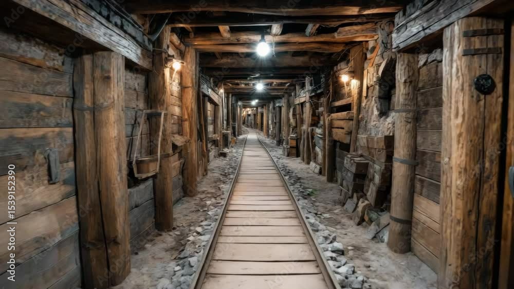 Abandoned Wooden Mine Tunnel Interior with Dim Lights and Rail Tracks – Camera Slowly Moves Forward in Atmospheric Historical Shaft, rustic brown tones, with copy space on the center, cinematic motion Abandoned Wooden Mine Tunnel Interior with Dim Lights and Rail Tracks – Camera Slowly Moves Forward in Atmospheric Historical Shaft, rustic brown tones, with copy space on the center, cinematic motion