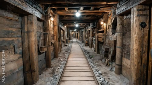 Abandoned Wooden Mine Tunnel Interior with Dim Lights and Rail Tracks – Camera Slowly Moves Forward in Atmospheric Historical Shaft, rustic brown tones, with copy space on the center, cinematic motion