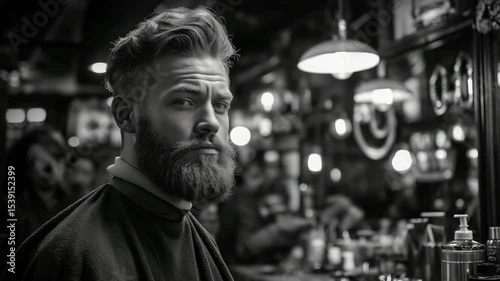 Black and White Cinematic Portrait of Bearded Man in Barbershop Interior with Moving Camera – Monochrome Vintage Style Video for Masculine Fashion and Lifestyle Branding, high contrast grayscale