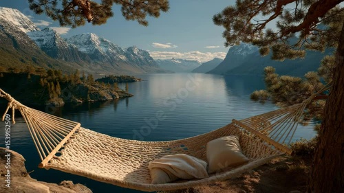 Cozy Hammock Overlooking Serene Lake and Snowy Mountains at Golden Hour – Camera Moves Forward Through Peaceful Forest Retreat, earthy and golden tones, with copy space in center, cinematic video back