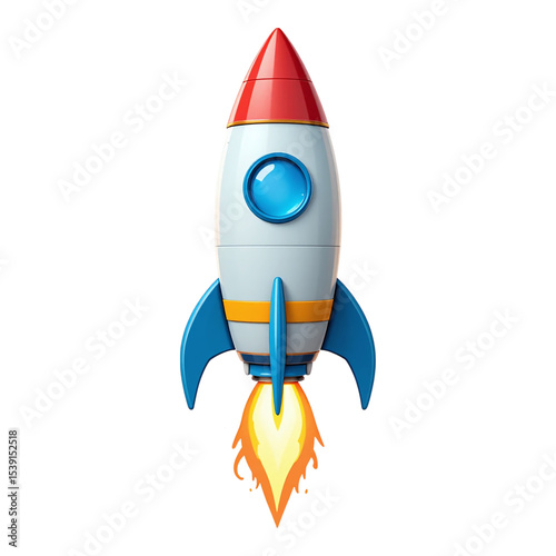 Cartoon blue red rocket flying with fire and flame trail launch isolated on transparent background