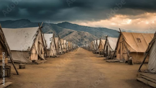 Refugee Tent Camp in Mountain Valley with Stormy Sky and Dirt Road – Camera Moves Forward Through Humanitarian Landscape, muted earth tones, with copy space in center, dramatic video loop for document