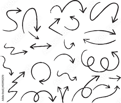 Hand-drawn arrow icon set. A collection of curved
