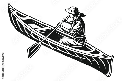 Monochrome Illustration of a Woman Paddling a Canoe in a Serene Body of Water, Traditional Boating