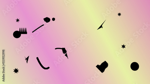 Abstract Pastel Gradient Background with Scattered Black Shapes and Stars