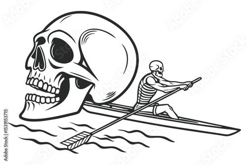 Deathly Regatta A Grim Skull Oversees Skeleton Rowing in Serene Waters a Morbidly Humorous Illustration