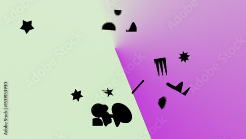 Abstract Pastel Background with Scattered Black Geometric Shapes and Stars