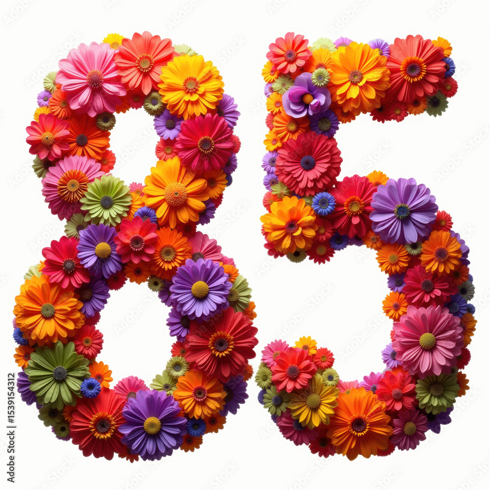 The number 85 is made up of colorful flowers on a white background, an illustration for a birthday card, with a mix of red, orange, purple, and green blooms.