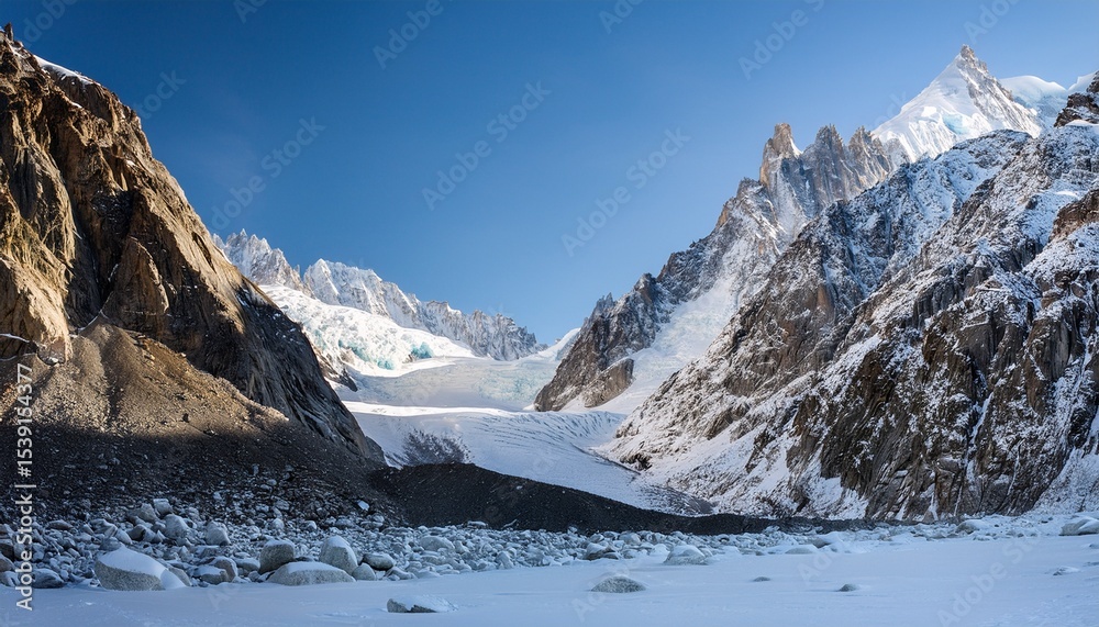 Fototapeta premium snowy glacier valley with rocky cliffs and frozen terrain in chamonix