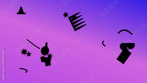 Abstract Purple Gradient Background with Scattered Black Shapes and Symbols