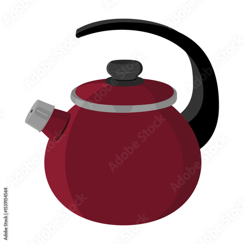 Red kettle with whistle. Minimalistic design. 
Isolated on white background for easy integration. Vector illustration