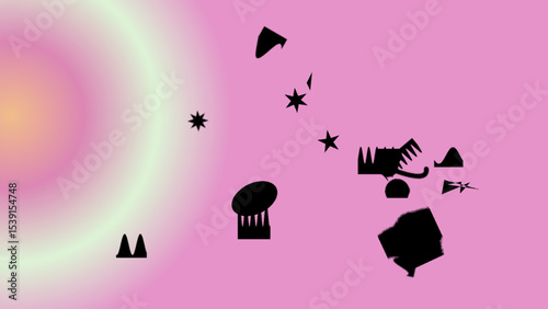 Abstract Pink and Black Composition with Geometric and Star Shapes