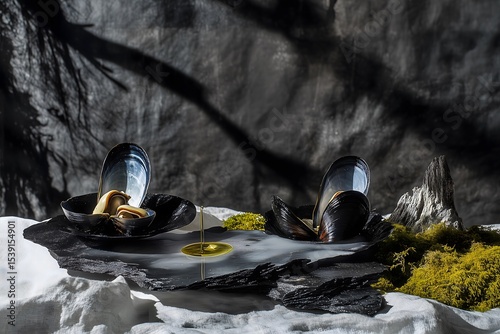 mussels tapas, black shells, mirrored