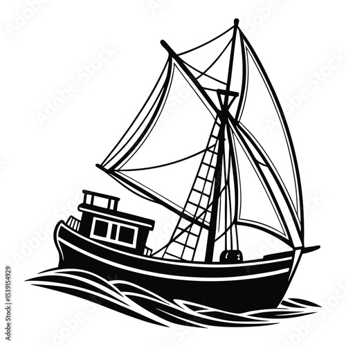Monochrome Illustration of a Traditional Fishing Boat with Sails Navigating Through the Water with Stylized Waves Beneath its Hull