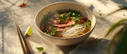 vietnamese pho bowl, rare beef