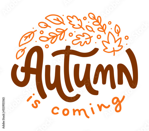 Vector hand lettering phrase 'Autumn is coming' with doodle leaves. Seasonal design for print, web, social media, or sticker. Fall calligraphy isolated on white background.