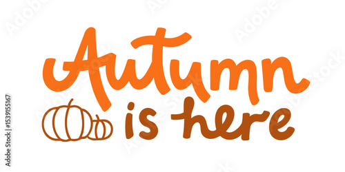 'Autumn is here' hand lettering phrase with doodle pumpkins isolated on white background. Vector calligraphy template for seasonal design. Fall quote for web banner, social media, card, or print.