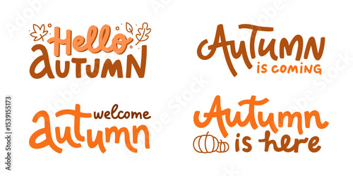 Set of vector hand lettering phrases with greeting Autumn theme. Seasonal design for print, web, social media, or sticker. Fall calligraphy quotes with doodle elements isolated on white background.